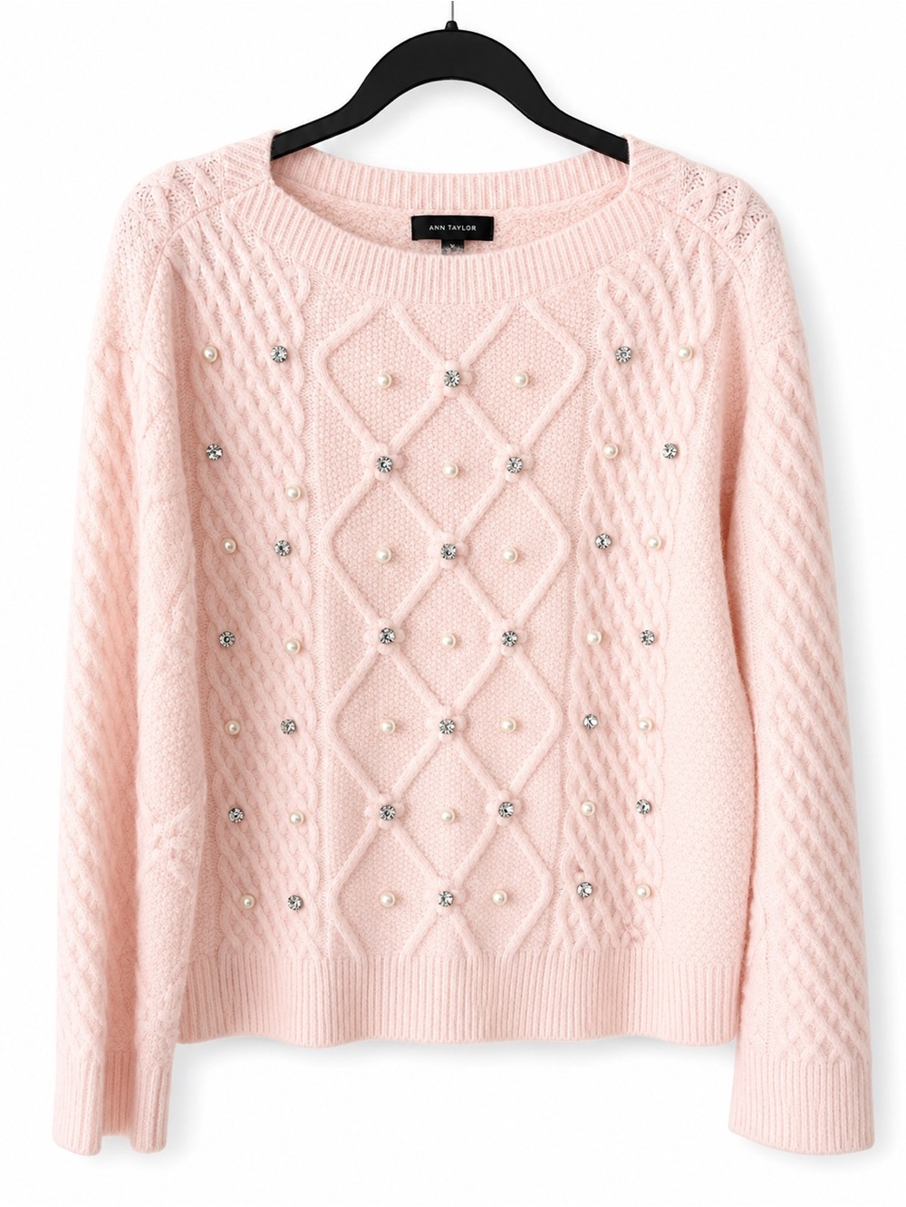 Ann Taylor Light Pink Pearl & Crystal Cable Knit Sweater
